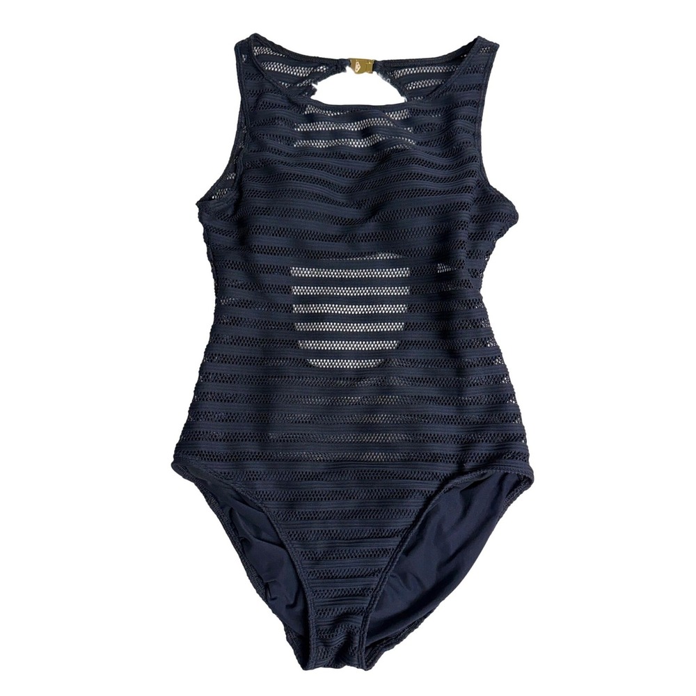 Lauren Ralph Lauren Black Mesh Stripe High Neck One‎ Piece Swimsuit Size 10 NEW